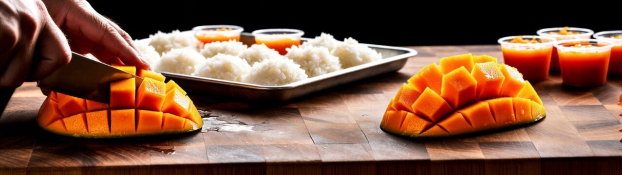 Hands slicing mango on wooden board with rice in background