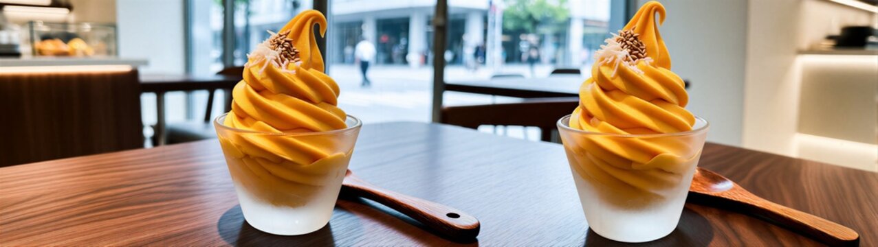 Two mango soft serve swirls sitting on wooden cafe table