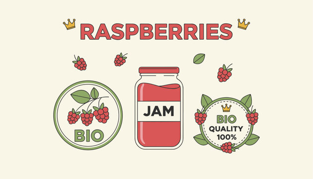 Decorative labels for raspberry jam featuring a jam jar, fresh berries, leaves, and a crown icon for a bio-quality branding design.