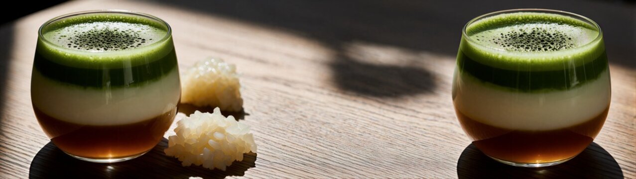 Layered matcha panna cotta glasses on wooden table