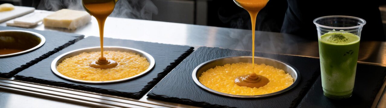 Custard pouring into pans on black cooking counter in professional kitchen