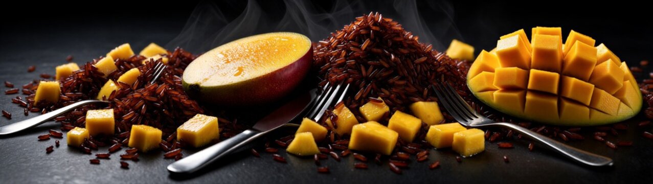Mango cubes with red rice steaming on dark surface