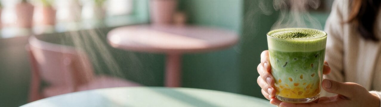 Person holding layered matcha drink with pearls in cafe setting
