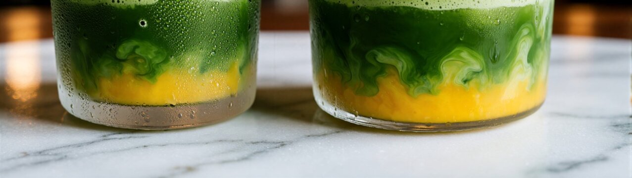 Layered green and yellow drinks on marble countertop