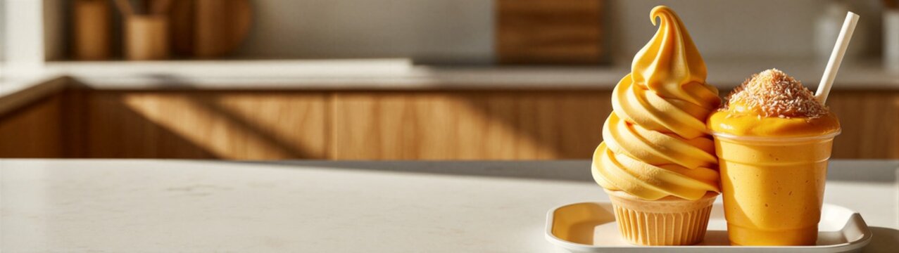 Mango soft serve and smoothie served on kitchen counter