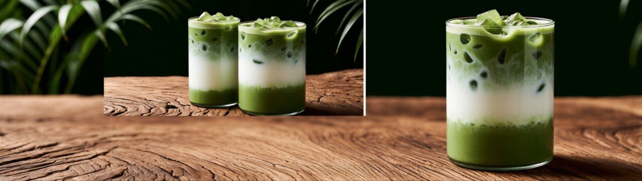 Iced matcha latte glasses served on wooden table surface