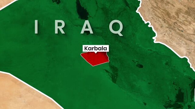 Animated map video clip showing Karbala highlighted within Iraq