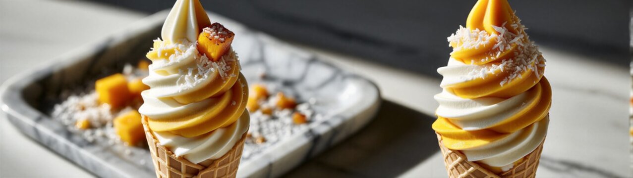 Soft serve ice cream cones swirled with mango on tabletop