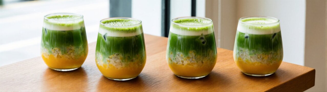 Layered matcha and mango drinks arranged on wooden counter