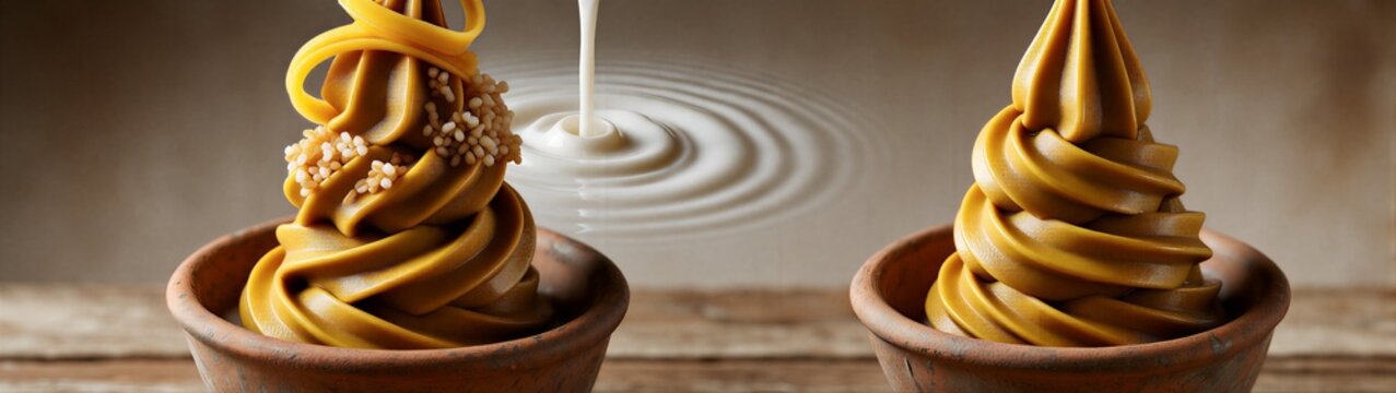 Two swirls of caramel soft serve in small bowls on wooden surface