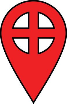 Red map location pin icon with a white cross symbol  isolated on white background
