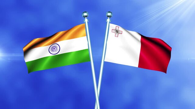 India and Malta Flag Relations Concept with Crossed National Flags Waving on Pole Loop Against a Bright Cloudy Sky