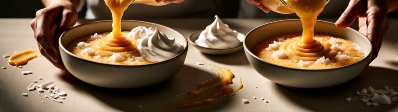 Hands pouring mango puree over dessert bowls on counter