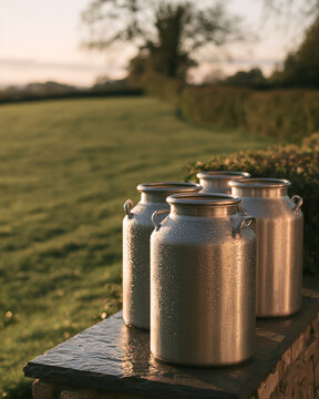 Four clean milk churns drying on a stone wall at sunset
