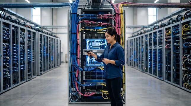 Female IT Engineer Working in a Modern Data Center Facility
