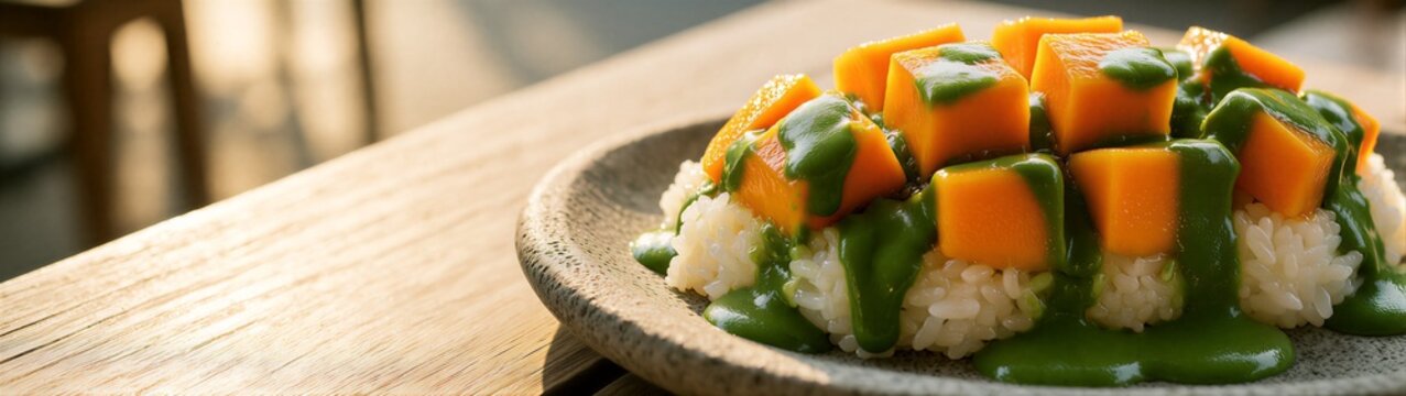 Mango rice bites topped with green sauce on ceramic plate