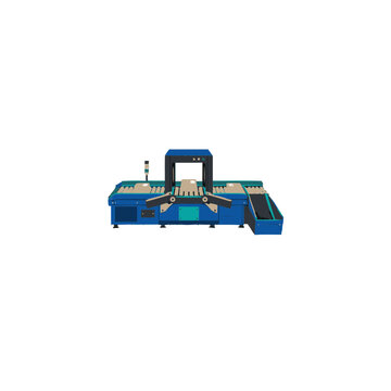 Industrial automatic strapping machine for packaging cardboard boxes on a production line.