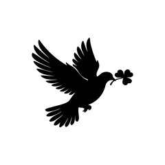 Fototapeta premium Flying dove with clover leaf silhouette vector flat design on white background. 