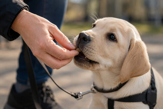 Young Labrador puppy receiving a treat from its owner during outdoor training, illustrating positive reinforcement, obedience training, pet care, bonding and dog behavior