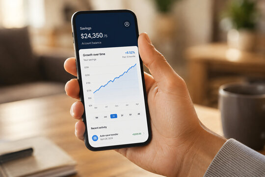 Person viewing growing savings balance and financial progress on a smartphone banking app, illustrating personal finance, digital banking, wealth building and financial planning