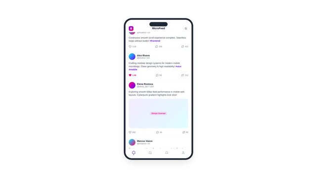 Minimal Light Microblog Feed App UI Mockup Scroll Animation in 4K