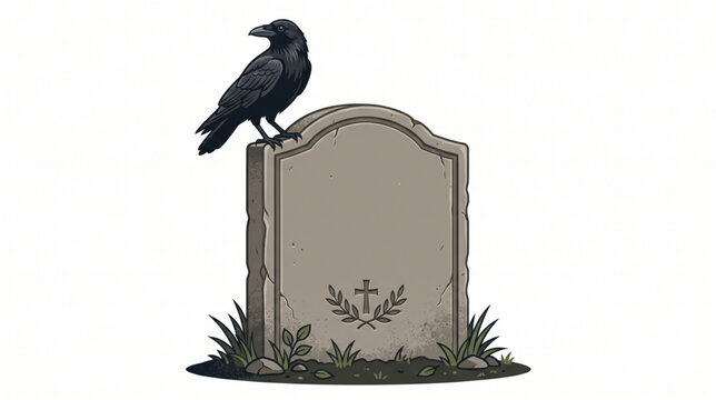 Halloween Tombstone Grave with Black Crow Bird Vector Illustration