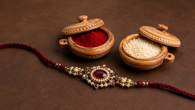 Elegant designer rakhi thread with wooden bowls of kumkum and rice placed on textured brown background during traditional raksha bandhan indian cultural festival