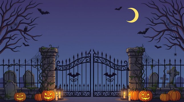 Halloween Spooky Cemetery Gates with Carved Pumpkins and Bats