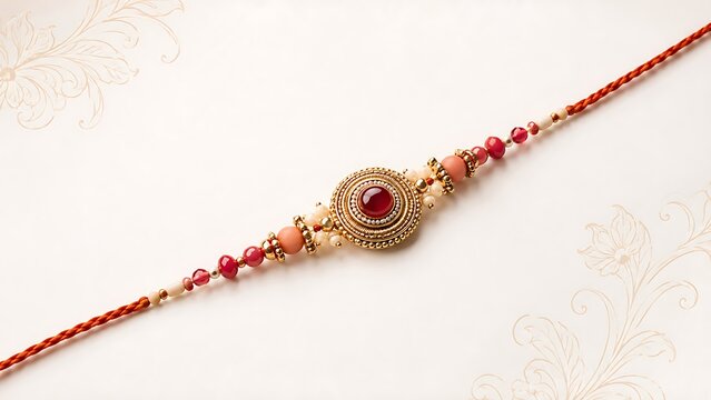 Minimalist elegant designer rakhi thread with coral beads laid on off white background with subtle floral line art for celebrating auspicious raksha bandhan festival