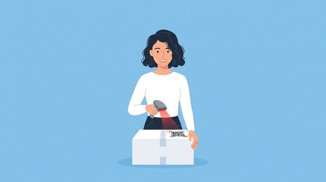 Woman scanning barcode on parcel box with handheld reader illustration