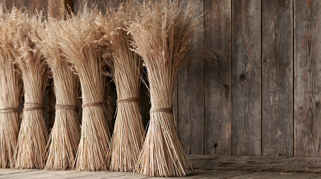Bundles of cut reed tied and stood ready for thatching
