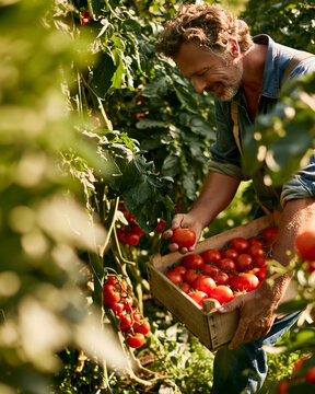 Gardener picking ripe tomatoes into a full wooden crate