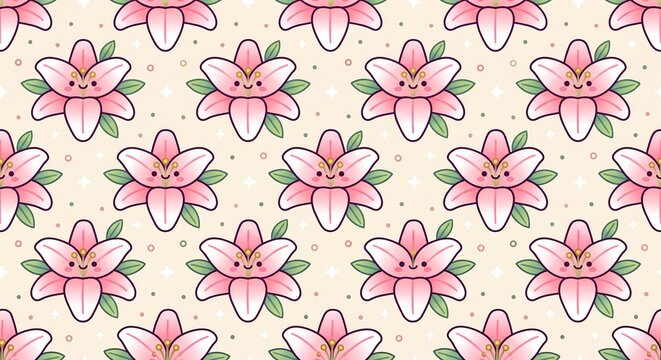 Kawaii pink lily flowers seamless vector pattern with subtle stars on soft beige background