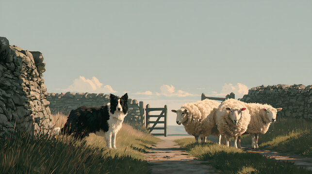 Border collie standing with sheep beside an open field gate