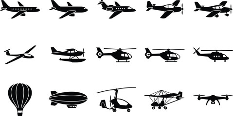 Collection of various aircraft silhouettes including airplanes helicopters and hot air balloons in a simple black and white style © NUR