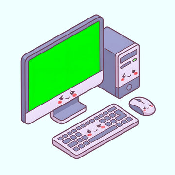 Isometric kawaii desktop computer with green screen monitor and smiling faces on devices.