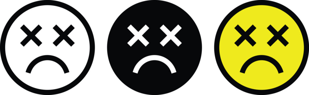 Set of three dead face emojis with cross eyes and sad mouth icons on white background