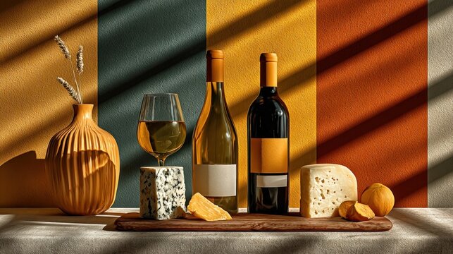 Bottles of wine and cheese on a table with a vase mockup copy space food background