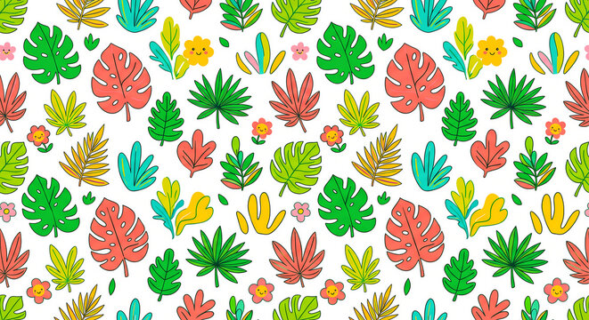 Colorful tropical leaves and cute flowers seamless vector pattern on white background