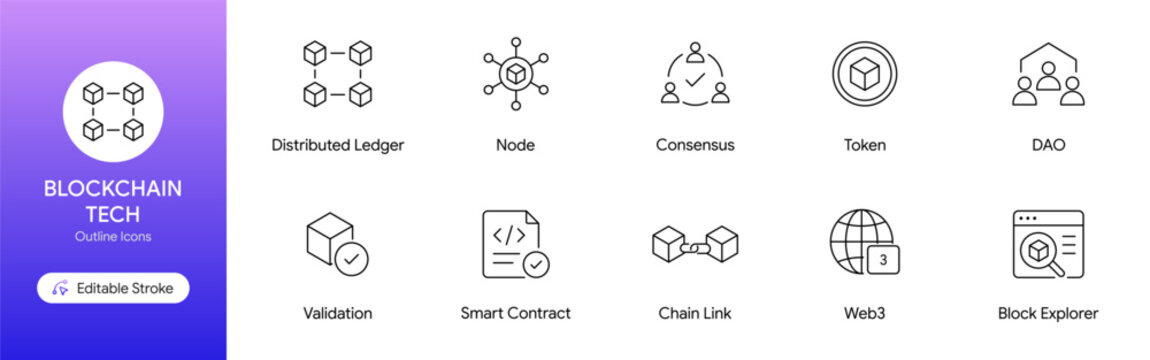 Blockchain Technology and Web3 Editable Outline Icon Set