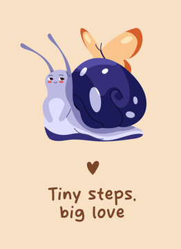 Postcard design with cute character of snail with sitting on shell butterfly. Greeting card template with kawaii slug with patterned house. Layout with funny gastropod. Flat vector illustration