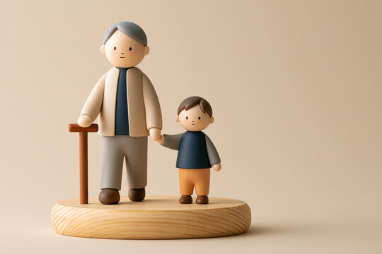 高齢者と子どもの世代間交流を象徴する木製人形