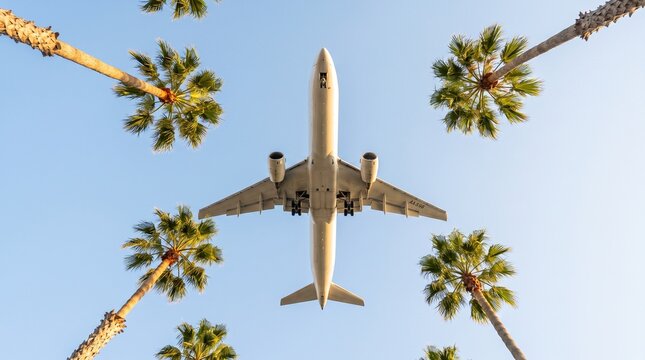 Airplane flying overhead framed by tropical palm trees under a clear blue sky