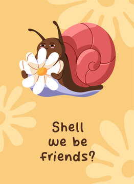 Funny postcard design with kawaii snail holding flower in hands. Cute greeting card template with adorable slug character with coiled shell house sniffing wildflower. Flat vector illustration