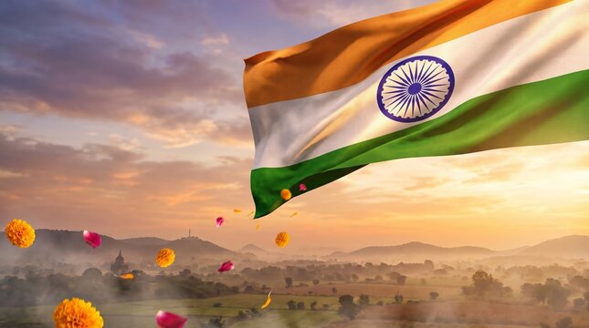 a cinematic scene celebrating India's Independence Day, majestic Indian national flag of India waving proudly against a dramatic golden sunrise, elegant tricolor saffron, white, and green fabric