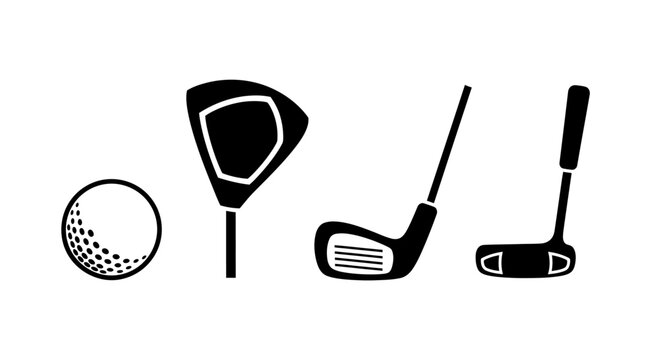 Set of Golf Equipment Icons with Ball and Various Clubs