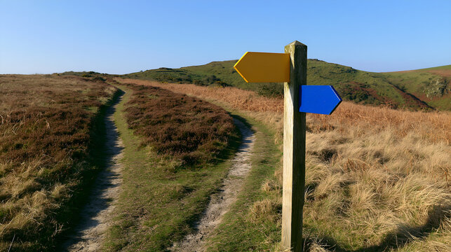 Wooden waymarker post with arrows where a grass path forks