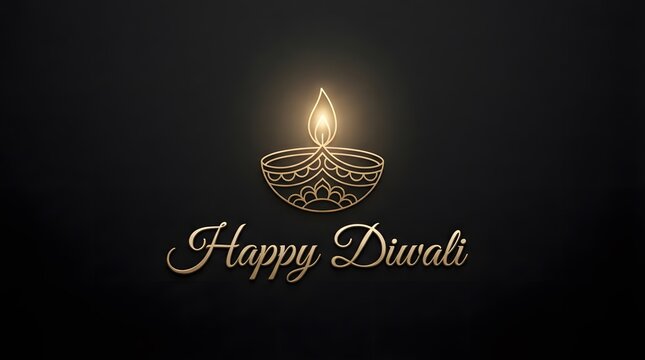 Minimalist happy diwali greeting with golden glowing diya oil lamp icon on dark black background