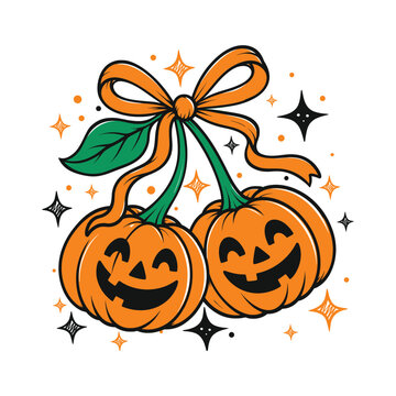 Two Jack-o'-Lanterns Tied with Ribbon, Halloween Illustration
