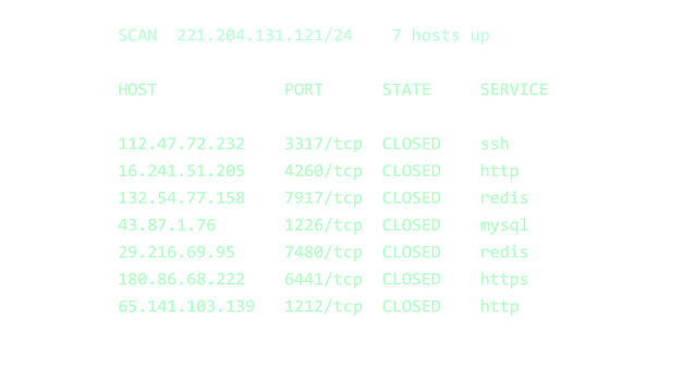 Hacker screen overlay, network port scan in phosphor green monospace text, computer console interface on transparent background